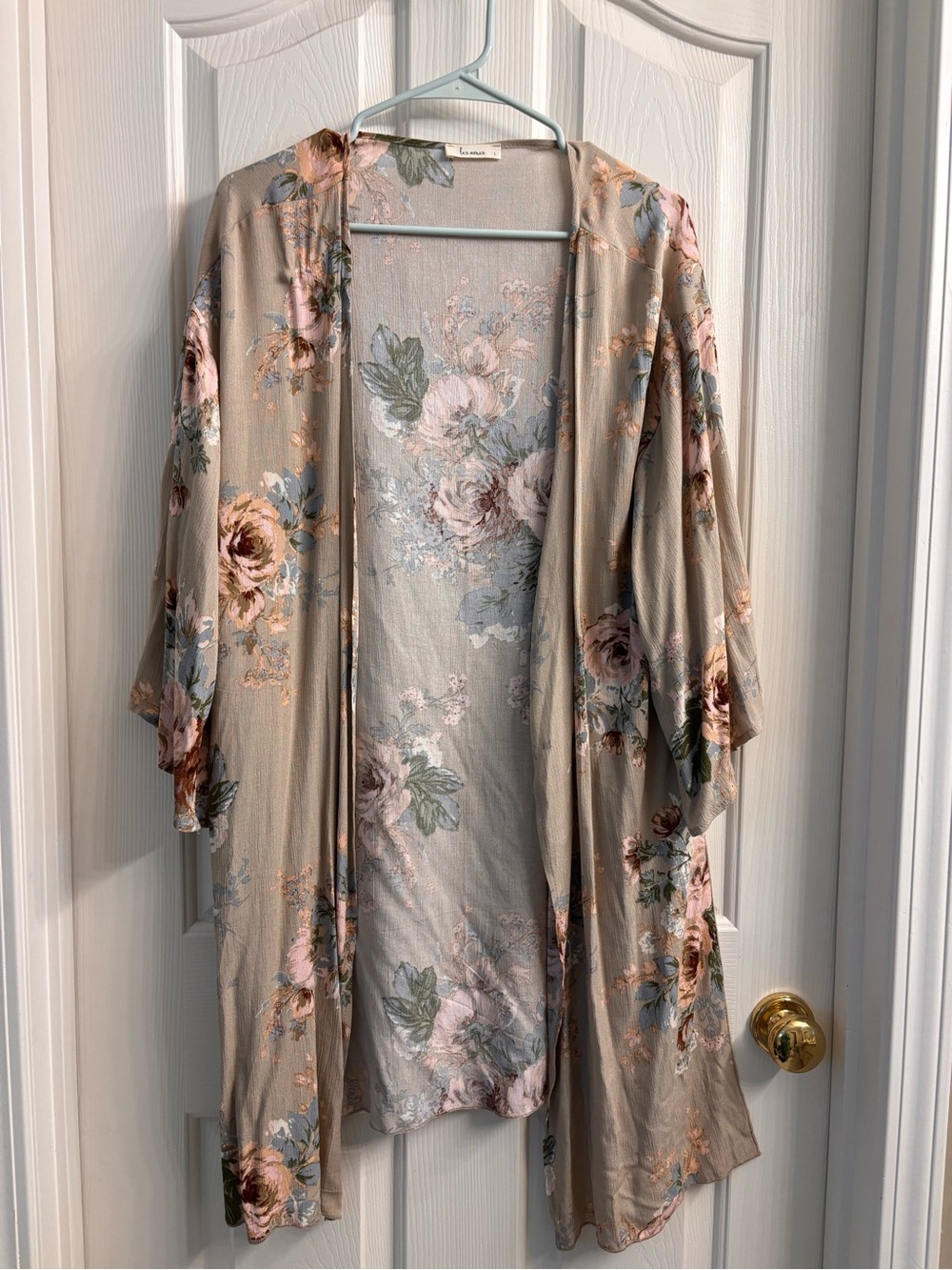Taupe Floral Open-Front Kimono Jacket with Pink Accents
